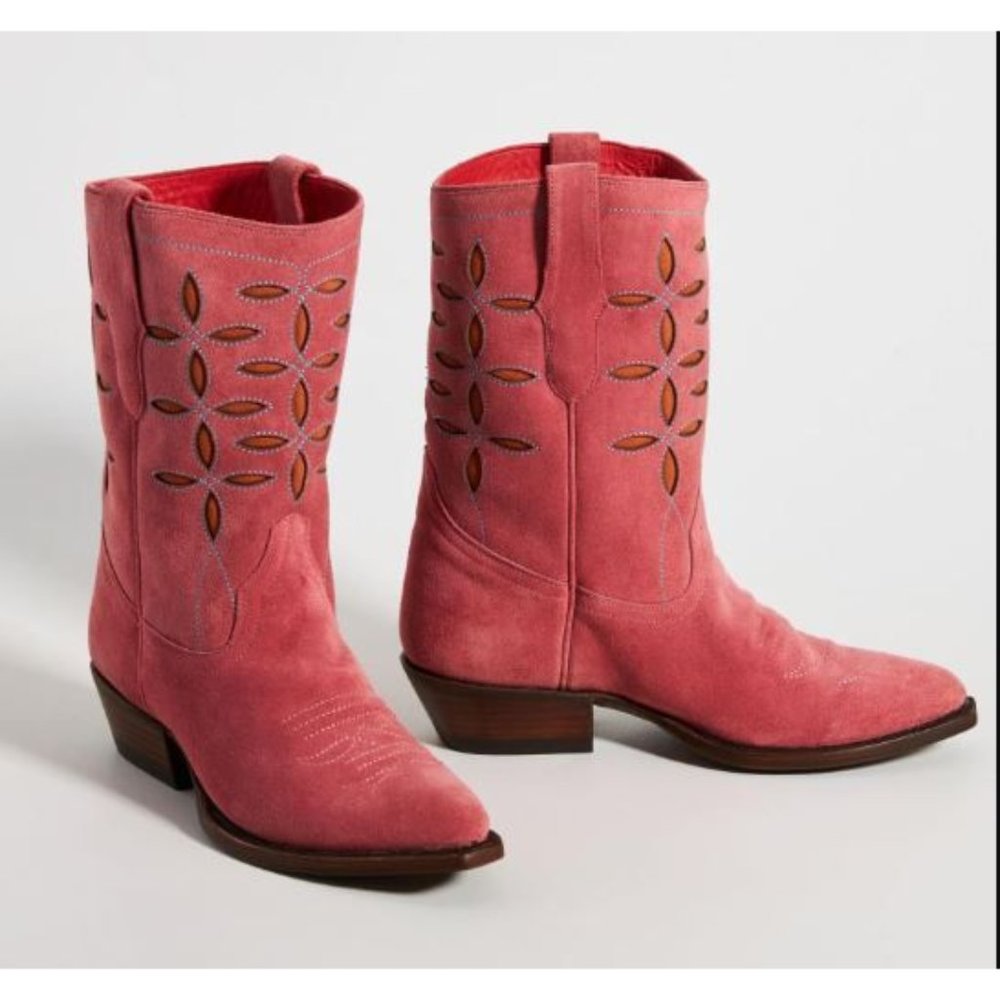 Anthropologie Planet Cowboy Pink Suede Peewee Western Boots Size 9 - Picture 1 of 13